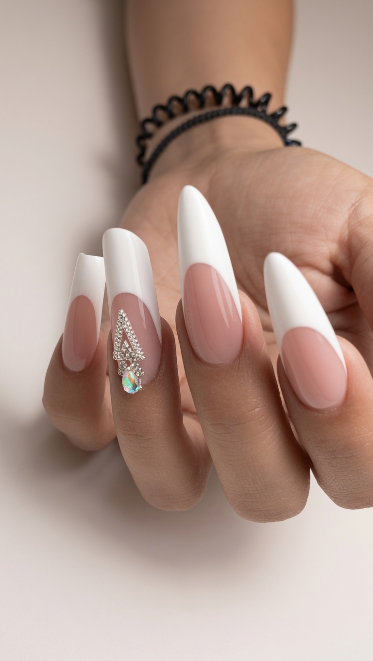 Classic white french almond nails with crystal triangle accent