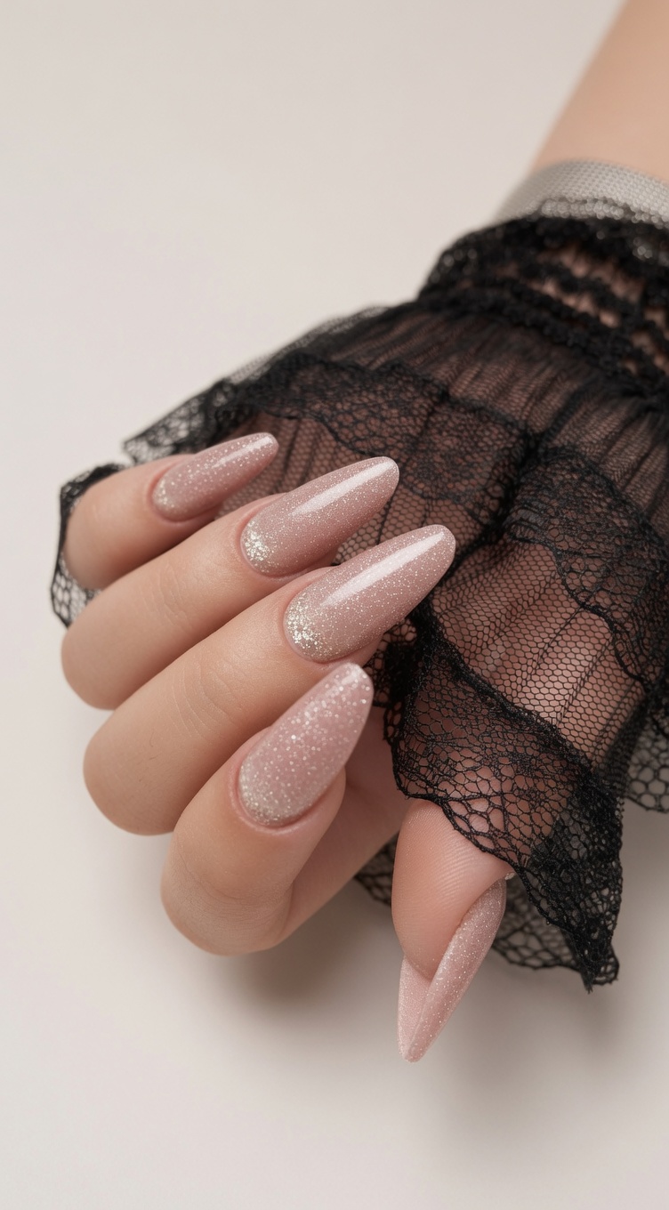 Nude shimmer almond nails styled with black lace